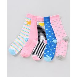 Pine Kids Mid Calf Length Anti-Microbial Socks Pack of 5 - Pink Blue