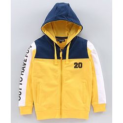 Pine Kids Full Sleeves Biowashed Hooded Sweat Jacket Numeric 20 Patch - Yellow Navy Blue