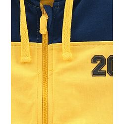 Pine Kids Full Sleeves Biowashed Hooded Sweat Jacket Numeric 20 Patch - Yellow Navy Blue