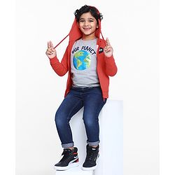 Pine Kids Full Sleeves Biowashed Hooded Sweat Jacket - Red