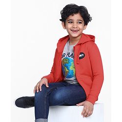 Pine Kids Full Sleeves Biowashed Hooded Sweat Jacket - Red
