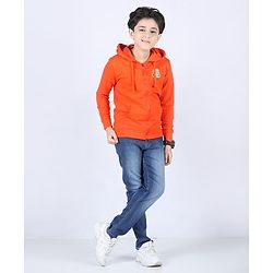 Pine Kids Full Sleeves Biowashed Hooded Sweat Jacket - Orange
