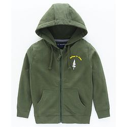 Pine Kids Full Sleeves Biowashed Hooded Sweat Jacket Green Print - Olive Green
