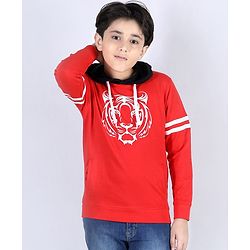 Pine Kids Full Sleeves Biowashed Hooded Sweatshirt Tiger Print - Red