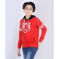 Pine Kids Full Sleeves Biowashed Hooded Sweatshirt Tiger Print - Red