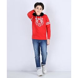 Pine Kids Full Sleeves Biowashed Hooded Sweatshirt Tiger Print - Red