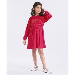 Pine Kids Full Sleeves Frock Studded Believe Detailing - Red