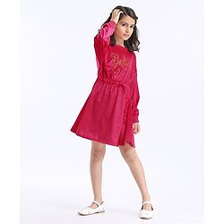 Pine Kids Full Sleeves Frock Studded Believe Detailing - Red