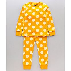 Pine Kids Full Sleeves Biowashed Polka Dot Night Suit - Golden