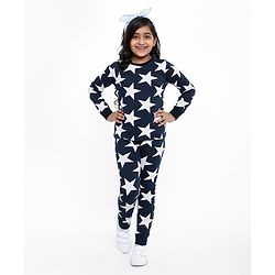 Pine Kids Full Sleeves Night Suit Star Print - Navy Blue