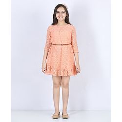 Pine Kids Knee Length Shiffli Dress With Belt - Peach