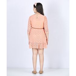 Pine Kids Knee Length Shiffli Dress With Belt - Peach