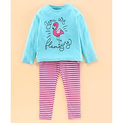 Pine Kids Full Sleeves Biowashed Night Suit Flamingo Print Striped - Tanager Turquoise