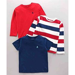 Pine Kids Full & Half Sleeves Solid & Striped Tee Pack of 3 - Red Navy Blue