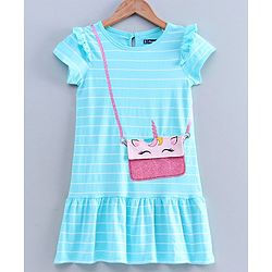 Pine Kids Half Sleeves Knee Length Biowashed Frock Sling Bag Print - Blue