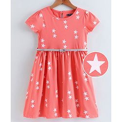 Pine Kids Half Sleeves Knee Length Biowash Frock With Glitter Belt Star Print - Orange