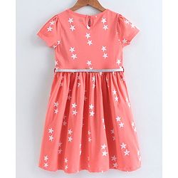 Pine Kids Half Sleeves Knee Length Biowash Frock With Glitter Belt Star Print - Orange