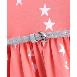 Pine Kids Half Sleeves Knee Length Biowash Frock With Glitter Belt Star Print - Orange
