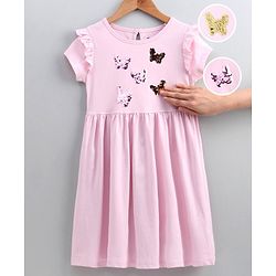 Pine Kids Half Sleeves Reversible Sequins Embroidery Biowash Frock- Pink