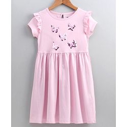 Pine Kids Half Sleeves Reversible Sequins Embroidery Biowash Frock- Pink