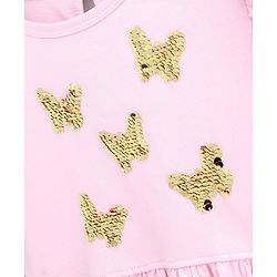 Pine Kids Half Sleeves Reversible Sequins Embroidery Biowash Frock- Pink