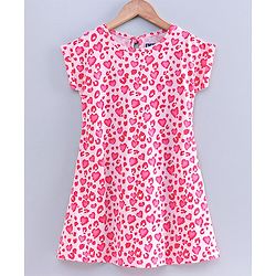 Pine Kids Short Sleeves Knee Length Biowashed Frock Heart Print - Pink