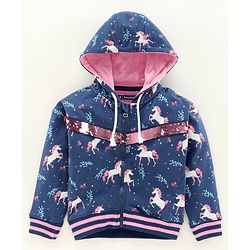 Pine Kids Full Sleeves Biowashed Hooded Sweat Jacket Reversible Sequin Detailing - Navy Blue