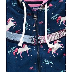 Pine Kids Full Sleeves Biowashed Hooded Sweat Jacket Reversible Sequin Detailing - Navy Blue
