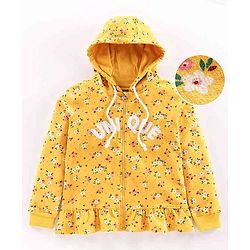 Pine Kids Full Sleeves Printed Biowashed Hooded Sweat Jacket Unique Embroidery - Yellow