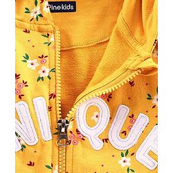 Pine Kids Full Sleeves Printed Biowashed Hooded Sweat Jacket Unique Embroidery - Yellow