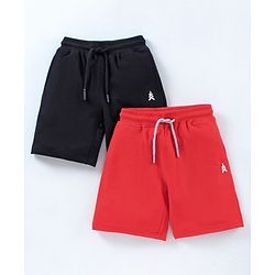Pine Kids 100%Cotton Above Knee Length Biowashed Shorts With Drawstring Pack of 2 - Red Black