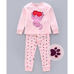 Pine Kids Full Sleeves Biowashed Night Suit Paw Print - Pink