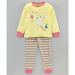 Pine Kids Full Sleeves Biowashed Night Suit Space Print Striped - Yellow