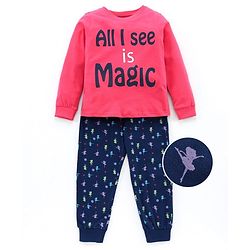 Pine Kids Full Sleeves Biowashed Night Suit Text Print - Pink Navy Blue