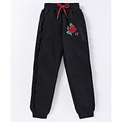 Pine Kids Full Length Organic Cotton Bio Wash  Lounge Pant Rose Embroidery - Black