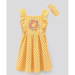 Pine Kids Sleeveless 100% Cotton Yarn Dyed Checks Frock With Mask Floral Embroidery - Yellow White