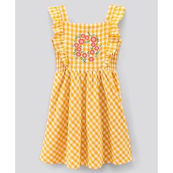Pine Kids Sleeveless 100% Cotton Yarn Dyed Checks Frock With Mask Floral Embroidery - Yellow White