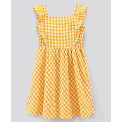Pine Kids Sleeveless 100% Cotton Yarn Dyed Checks Frock With Mask Floral Embroidery - Yellow White