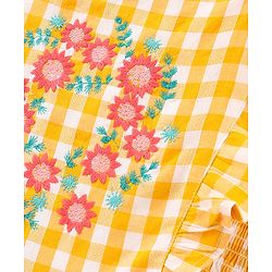 Pine Kids Sleeveless 100% Cotton Yarn Dyed Checks Frock With Mask Floral Embroidery - Yellow White