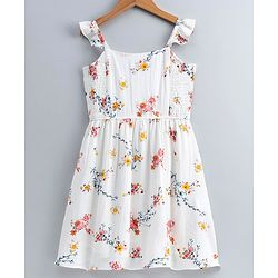 Pine Kids Floral Printed Singlet Frock with Smocked Bodice - White