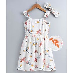 Pine Kids Floral Printed Singlet Frock with Smocked Bodice - White