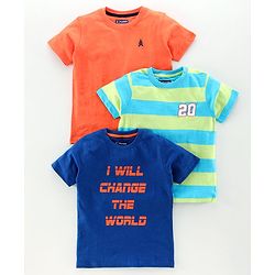 Pine Kids Half Sleeves Bioawashed 100% Cotton Tees Pack of 3 - Orange Green Blue