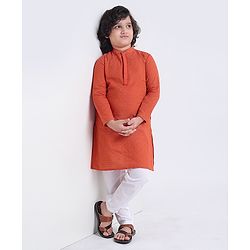 Pine Kids Full Sleeves Kurta With Embroidered Placket & Pyjama - Red White