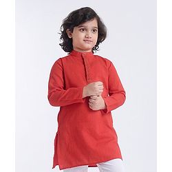 Pine Kids Full Sleeves Kurta With Embroidered Placket  - Red White