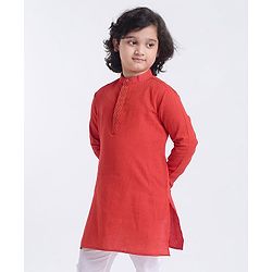 Pine Kids Full Sleeves Kurta With Embroidered Placket  - Red White
