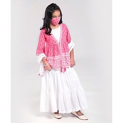 Pine Kids Printed Angarkha Top With Lehenga & Dupatta - Pink
