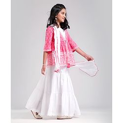 Pine Kids Printed Angarkha Top With Lehenga & Dupatta - Pink