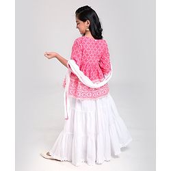 Pine Kids Printed Angarkha Top With Lehenga & Dupatta - Pink