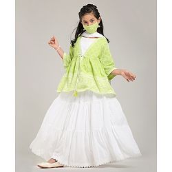 Pine Kids Printed Indo Western Ethnic Set with Mask - Green
