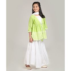 Pine Kids Printed Indo Western Ethnic Set with Mask - Green